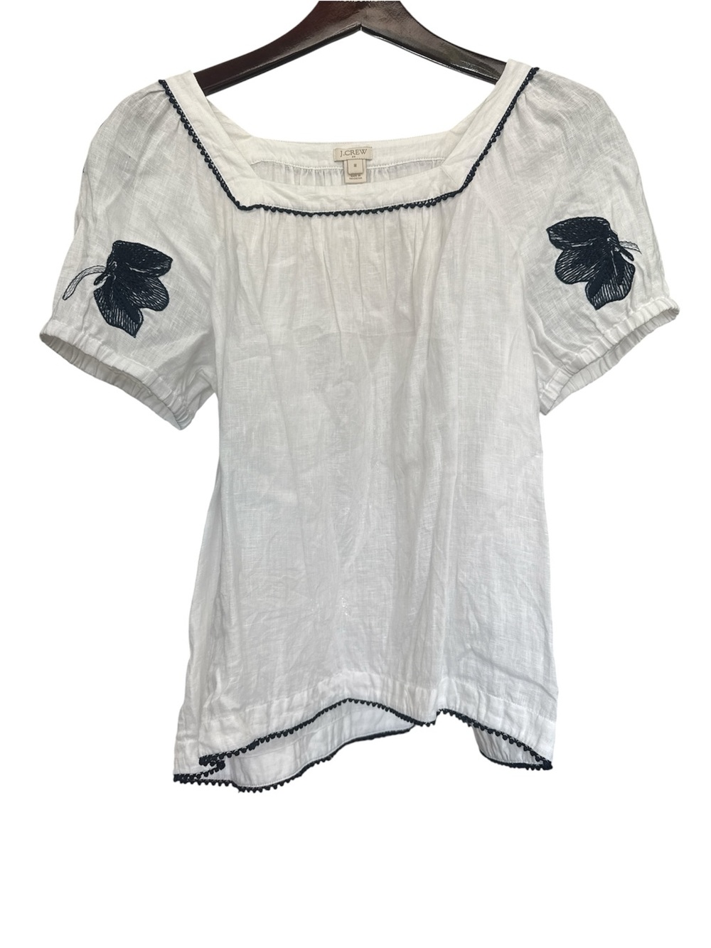 J. Crew White Linen Square-Neck Top with Black Floral Embroidery